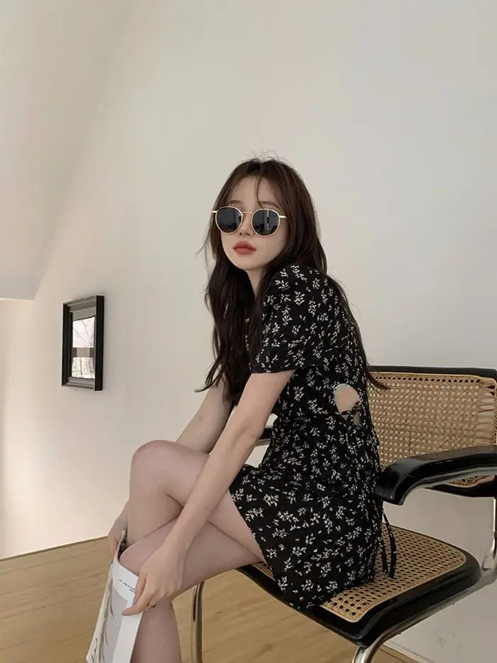 KPOP Dress Sweet Shorts Sets Broken Flower Skirts Exposed Navel Two Piece Set Women Split Skirt Puff Sleeve 2 Piece Sets 2022