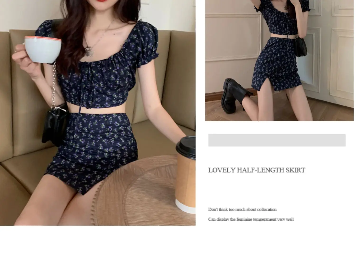 KPOP Dress Sweet Shorts Sets Broken Flower Skirts Exposed Navel Two Piece Set Women Split Skirt Puff Sleeve 2 Piece Sets 2022
