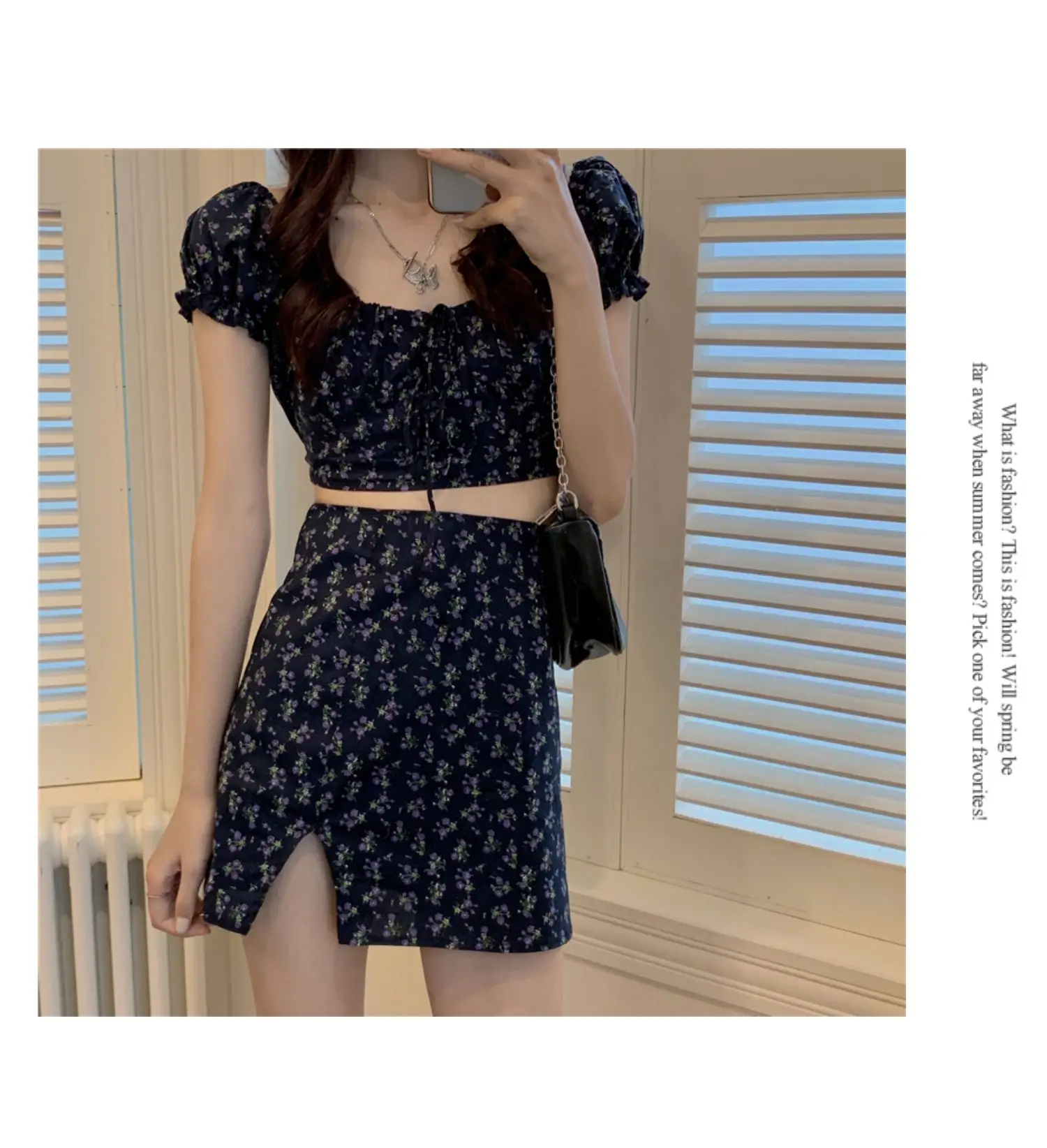 KPOP Dress Sweet Shorts Sets Broken Flower Skirts Exposed Navel Two Piece Set Women Split Skirt Puff Sleeve 2 Piece Sets 2022