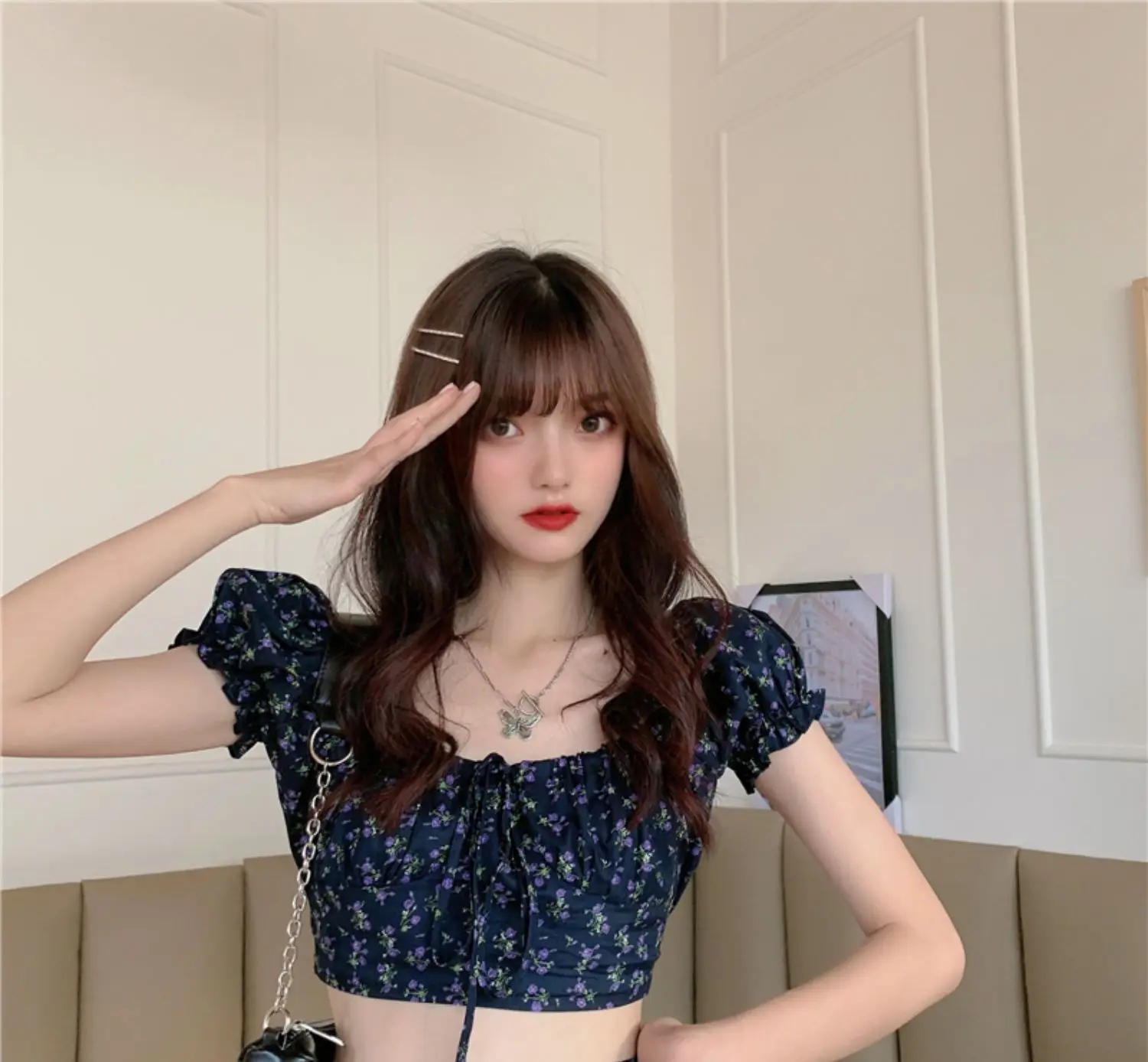 KPOP Dress Sweet Shorts Sets Broken Flower Skirts Exposed Navel Two Piece Set Women Split Skirt Puff Sleeve 2 Piece Sets 2022