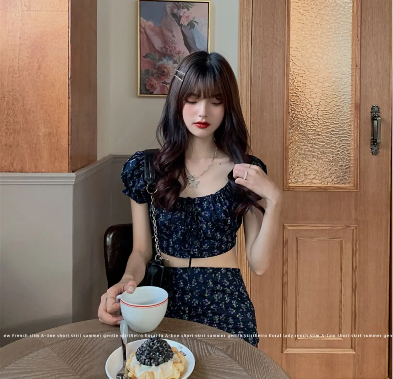 KPOP Dress Sweet Shorts Sets Broken Flower Skirts Exposed Navel Two Piece Set Women Split Skirt Puff Sleeve 2 Piece Sets 2022