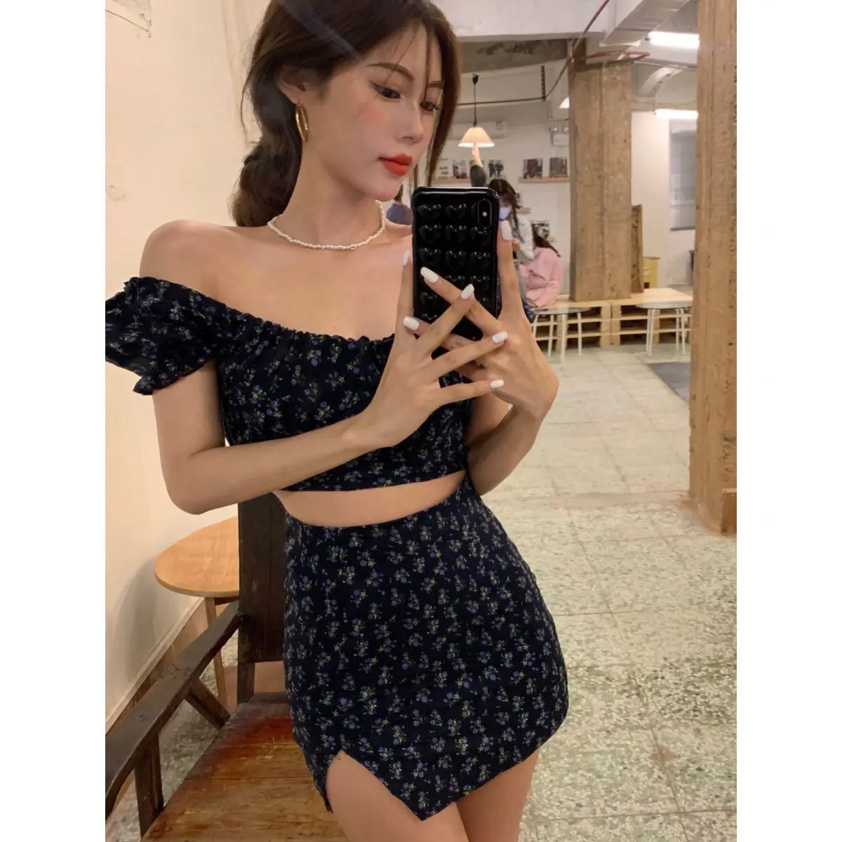 KPOP Dress Sweet Shorts Sets Broken Flower Skirts Exposed Navel Two Piece Set Women Split Skirt Puff Sleeve 2 Piece Sets 2022