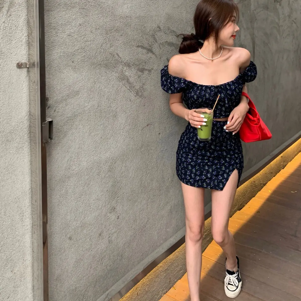 KPOP Dress Sweet Shorts Sets Broken Flower Skirts Exposed Navel Two Piece Set Women Split Skirt Puff Sleeve 2 Piece Sets 2022