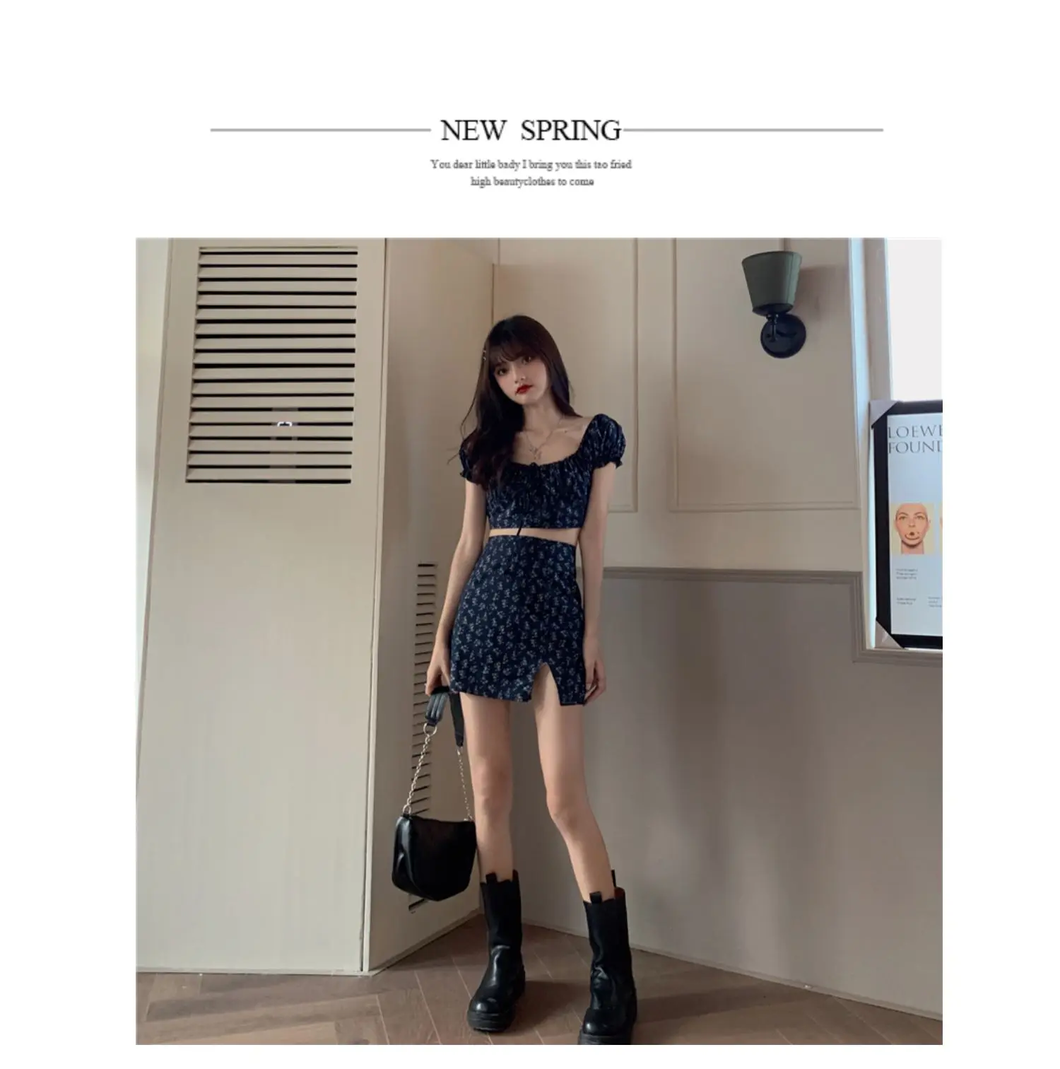 KPOP Dress Sweet Shorts Sets Broken Flower Skirts Exposed Navel Two Piece Set Women Split Skirt Puff Sleeve 2 Piece Sets 2022