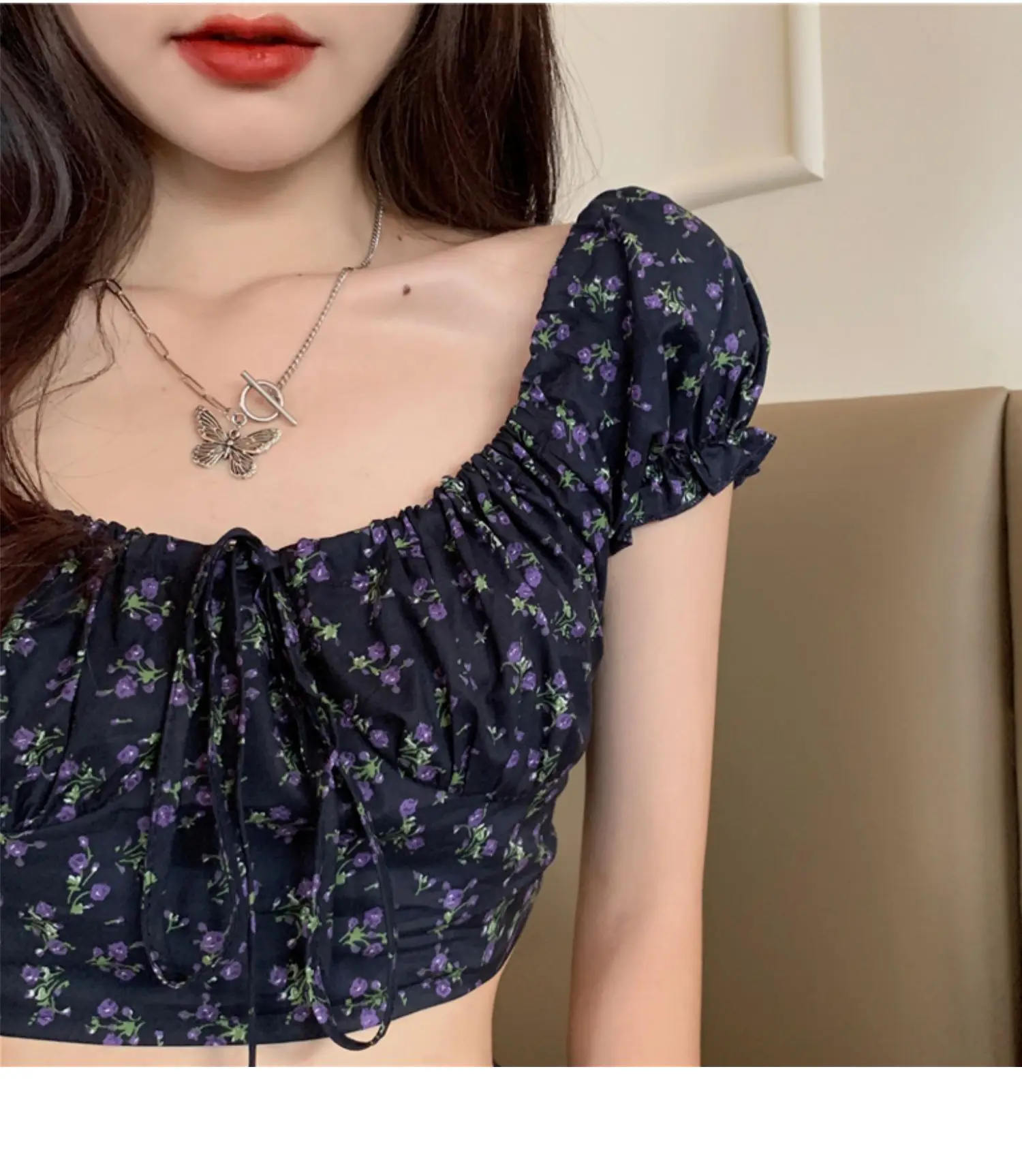 KPOP Dress Sweet Shorts Sets Broken Flower Skirts Exposed Navel Two Piece Set Women Split Skirt Puff Sleeve 2 Piece Sets 2022