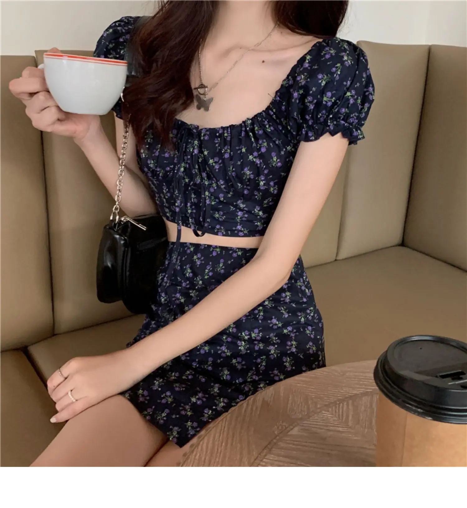 KPOP Dress Sweet Shorts Sets Broken Flower Skirts Exposed Navel Two Piece Set Women Split Skirt Puff Sleeve 2 Piece Sets 2022