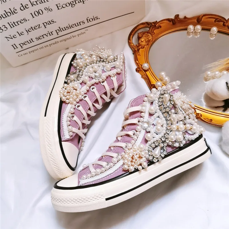 Women's Shoes New Spring Autumn Shoes 3D Handmade Pearl Canvas Shoes Women's Casual Shoes Purple