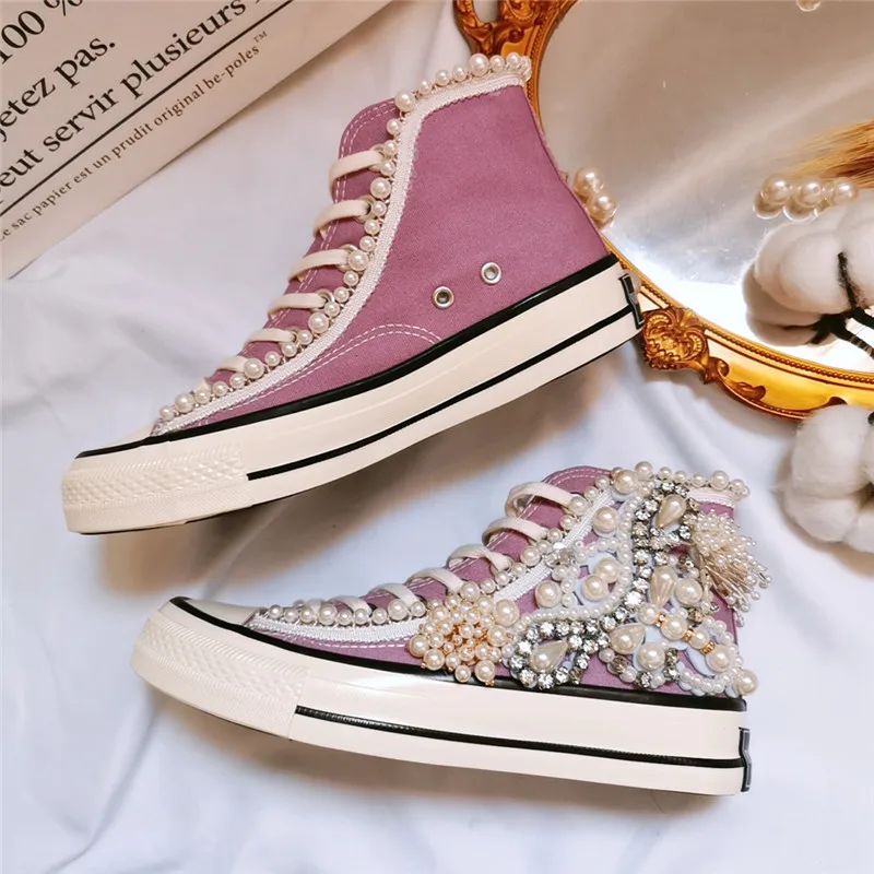 Women's Shoes New Spring Autumn Shoes 3D Handmade Pearl Canvas Shoes Women's Casual Shoes Purple