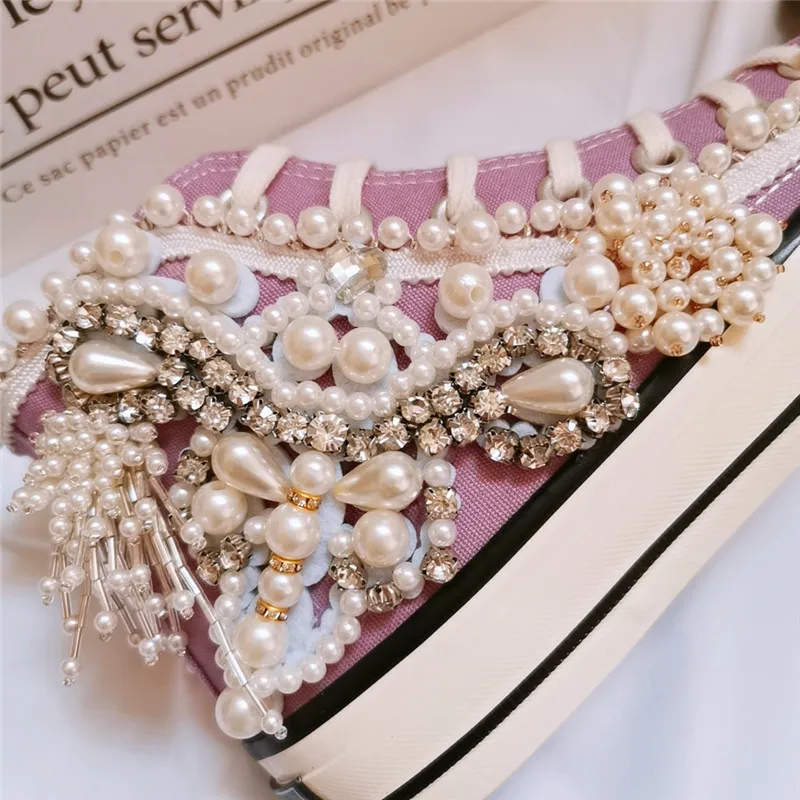 Women's Shoes New Spring Autumn Shoes 3D Handmade Pearl Canvas Shoes Women's Casual Shoes Purple