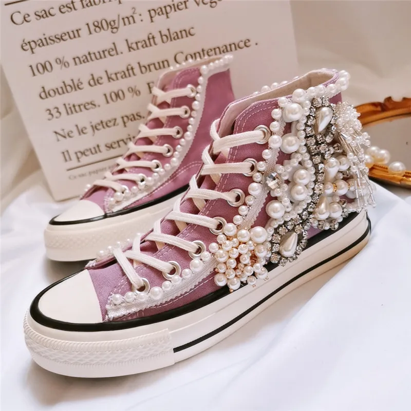 Women's Shoes New Spring Autumn Shoes 3D Handmade Pearl Canvas Shoes Women's Casual Shoes Purple