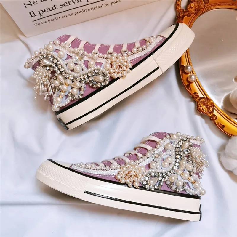 Women's Shoes New Spring Autumn Shoes 3D Handmade Pearl Canvas Shoes Women's Casual Shoes Purple