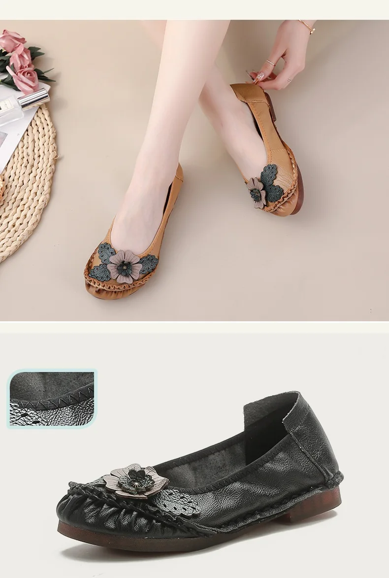 Retro Boho Shoes Women Genuine Leather Loafers Ladies Luxury Flats Ethnic Style Dressy Shoes Women's Cowhide Leather Flat Shoes
