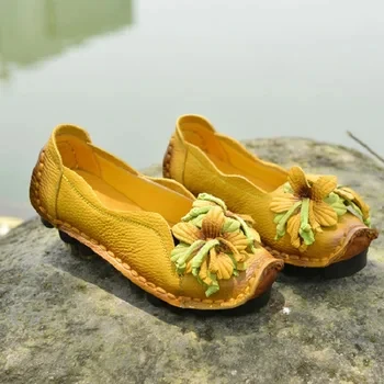Retro Boho Shoes Women Genuine Leather Loafers Ladies Luxury Flats Ethnic Style Dressy Shoes Women's Cowhide Leather Flat Shoes