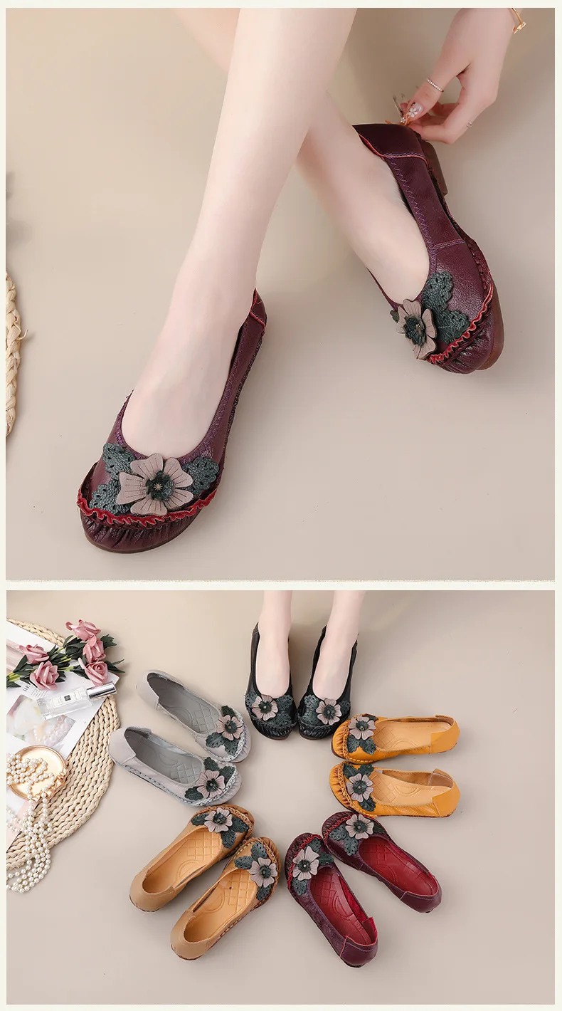 Retro Boho Shoes Women Genuine Leather Loafers Ladies Luxury Flats Ethnic Style Dressy Shoes Women's Cowhide Leather Flat Shoes