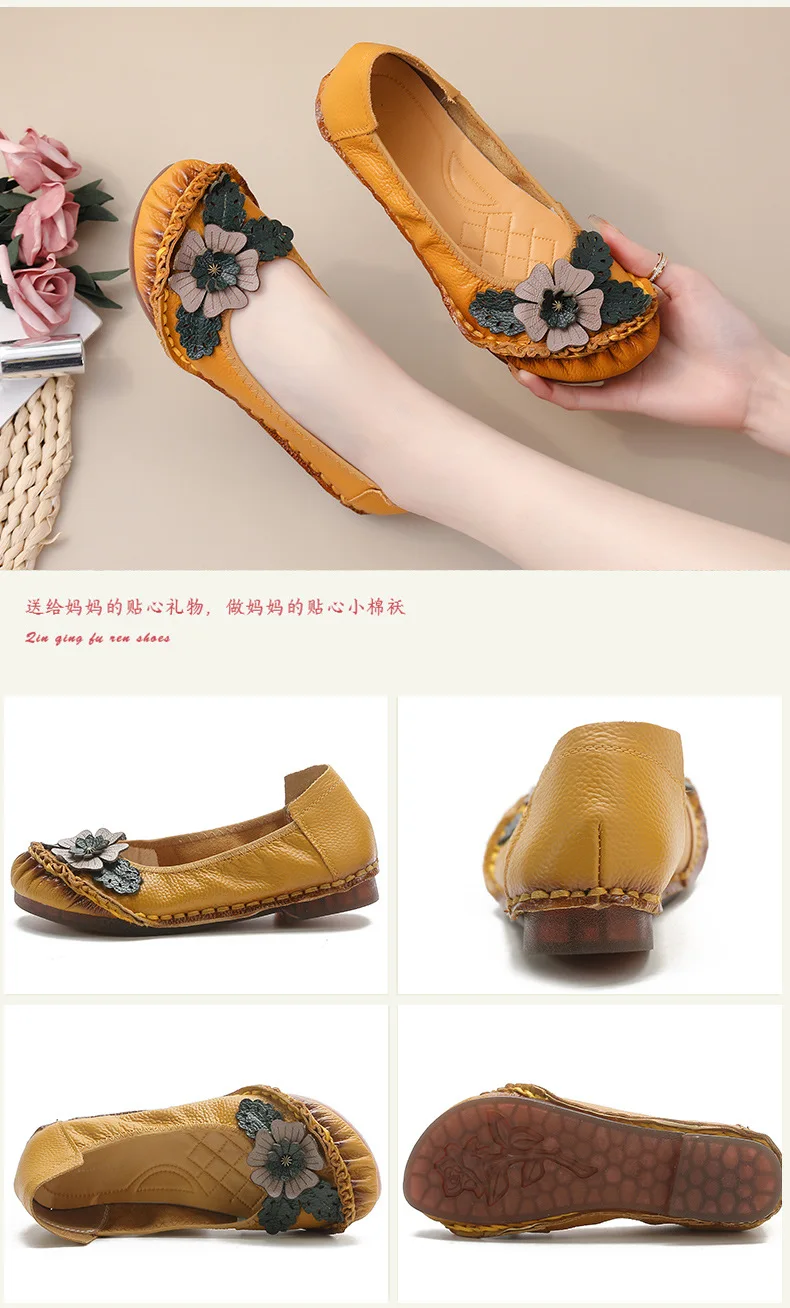 Retro Boho Shoes Women Genuine Leather Loafers Ladies Luxury Flats Ethnic Style Dressy Shoes Women's Cowhide Leather Flat Shoes