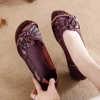 Retro Boho Shoes Women Genuine Leather Loafers Ladies Luxury Flats Ethnic Style Dressy Shoes Women's Cowhide Leather Flat Shoes