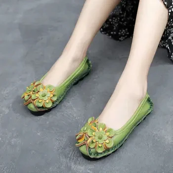 Retro Boho Shoes Women Genuine Leather Loafers Ladies Luxury Flats Ethnic Style Dressy Shoes Women's Cowhide Leather Flat Shoes