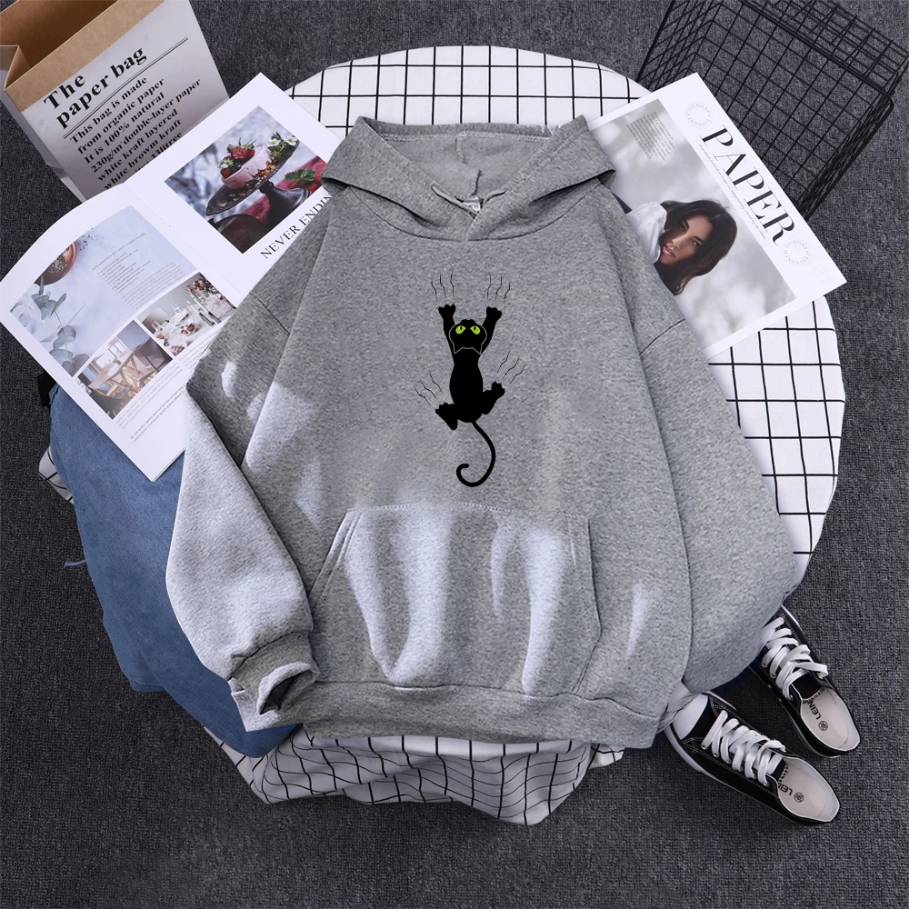 Hoody Funy Black Cats Cartoon Hoodies Female Fashion Korean Women'S Winter Clothing Oversized Fleece Women Sweatshirts With Hood