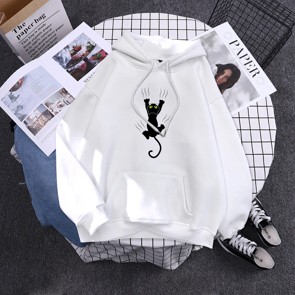 Hoody Funy Black Cats Cartoon Hoodies Female Fashion Korean Women'S Winter Clothing Oversized Fleece Women Sweatshirts With Hood