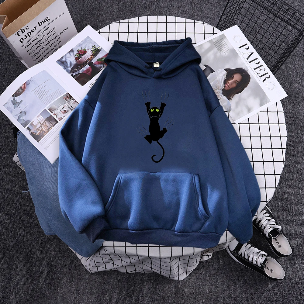 Hoody Funy Black Cats Cartoon Hoodies Female Fashion Korean Women'S Winter Clothing Oversized Fleece Women Sweatshirts With Hood