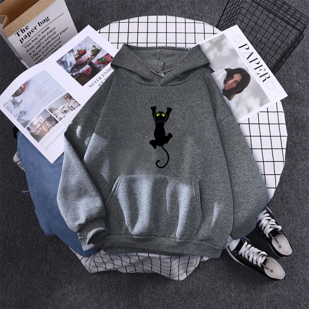 Hoody Funy Black Cats Cartoon Hoodies Female Fashion Korean Women'S Winter Clothing Oversized Fleece Women Sweatshirts With Hood