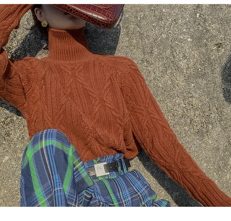 Winter Turtleneck Sweater Women Cashmere Argyle Sweaters Pure Color Knitted Pullover Oversized Loose Casual Lady Jumper