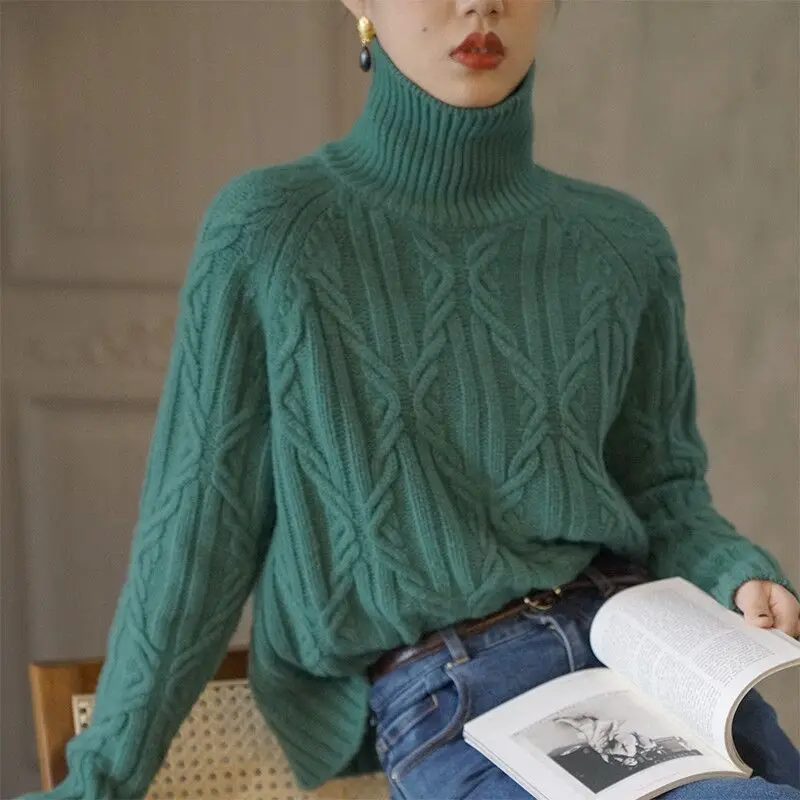 Winter Turtleneck Sweater Women Cashmere Argyle Sweaters Pure Color Knitted Pullover Oversized Loose Casual Lady Jumper