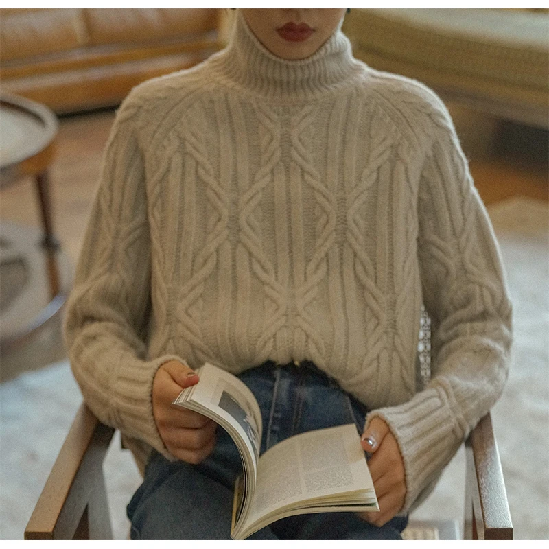 Winter Turtleneck Sweater Women Cashmere Argyle Sweaters Pure Color Knitted Pullover Oversized Loose Casual Lady Jumper