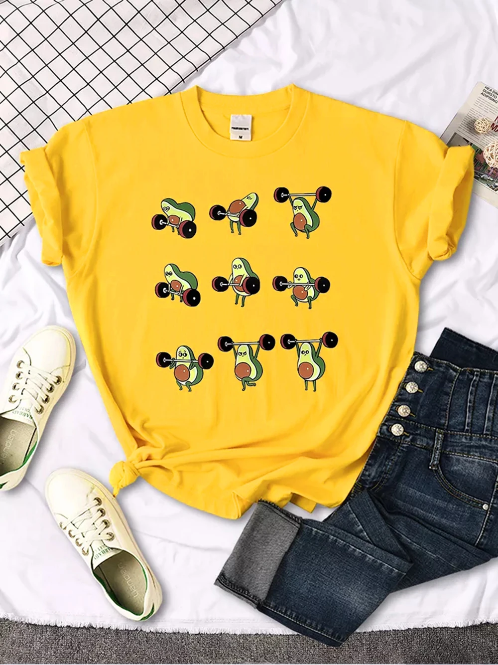 T Shirt Woman Avocado Cartoon Image Weightlifting Tshirt For Women's Harajuku Casual Women T-Shirt Korean Style Hip Hop Clothes