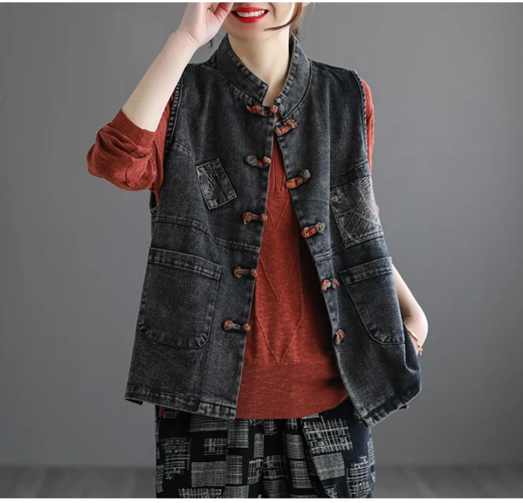 Amax LuluE 2024 Chinese Fashion Designer Clothes Women Vintage Denim Sleeveless Coats Ladies Casual Loose Luxury Punk Waistcoats
