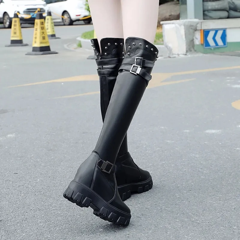 Winter 2024 Wedges Warm Shoes Black High Heel Women Over The Knee High Boots Female Fashion Rivet Sneakers Tight High Boots Lady