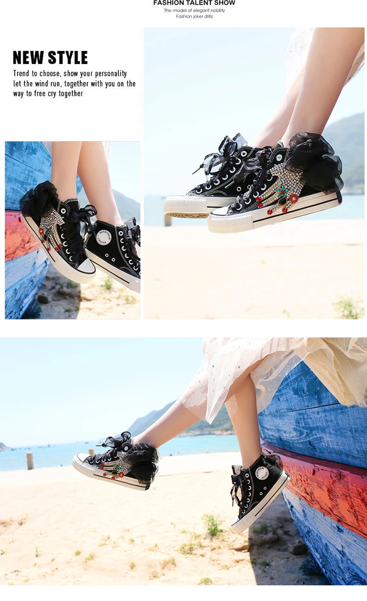 New Women DIY Custom-made Creative Casual Shoes Wild Cute Girl's Lace Canvas Shoes High Top Fashion Sneaker Ins Rhinestone Shoes