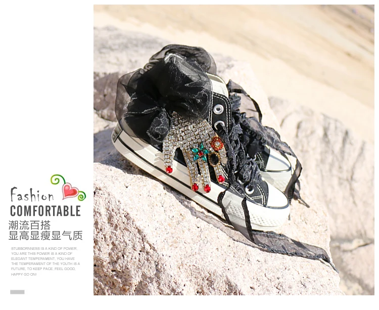 New Women DIY Custom-made Creative Casual Shoes Wild Cute Girl's Lace Canvas Shoes High Top Fashion Sneaker Ins Rhinestone Shoes