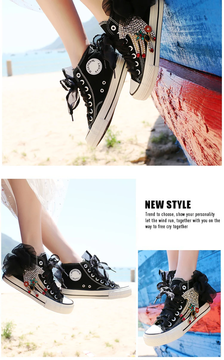 New Women DIY Custom-made Creative Casual Shoes Wild Cute Girl's Lace Canvas Shoes High Top Fashion Sneaker Ins Rhinestone Shoes