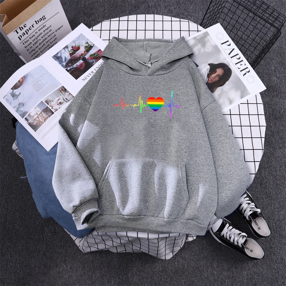 Hoody Beating Heart Rainbow Printed Women's 2023 Hoodie With Hood Long Sleeve Hip Hop Clothes Korean Aesthetic Sweatshirts Women