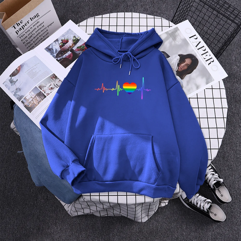 Hoody Beating Heart Rainbow Printed Women's 2023 Hoodie With Hood Long Sleeve Hip Hop Clothes Korean Aesthetic Sweatshirts Women