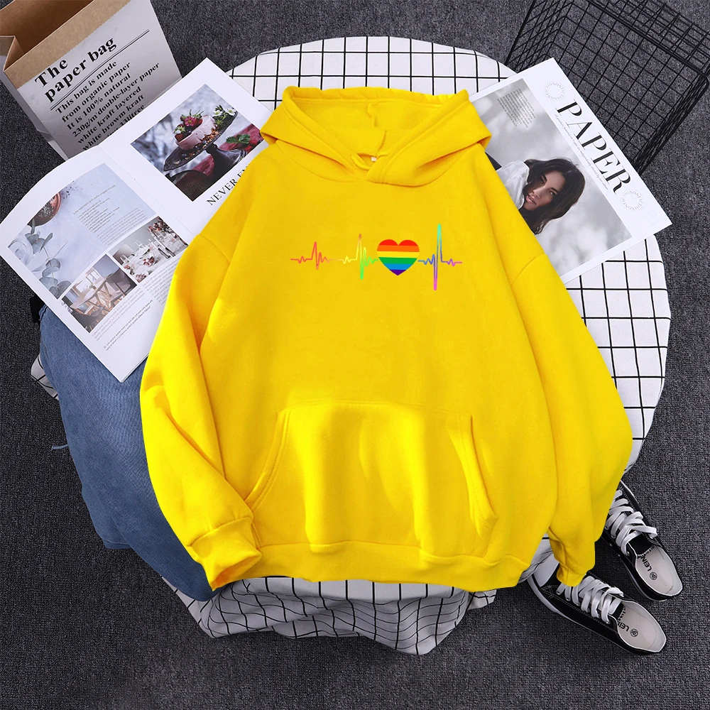 Hoody Beating Heart Rainbow Printed Women's 2023 Hoodie With Hood Long Sleeve Hip Hop Clothes Korean Aesthetic Sweatshirts Women