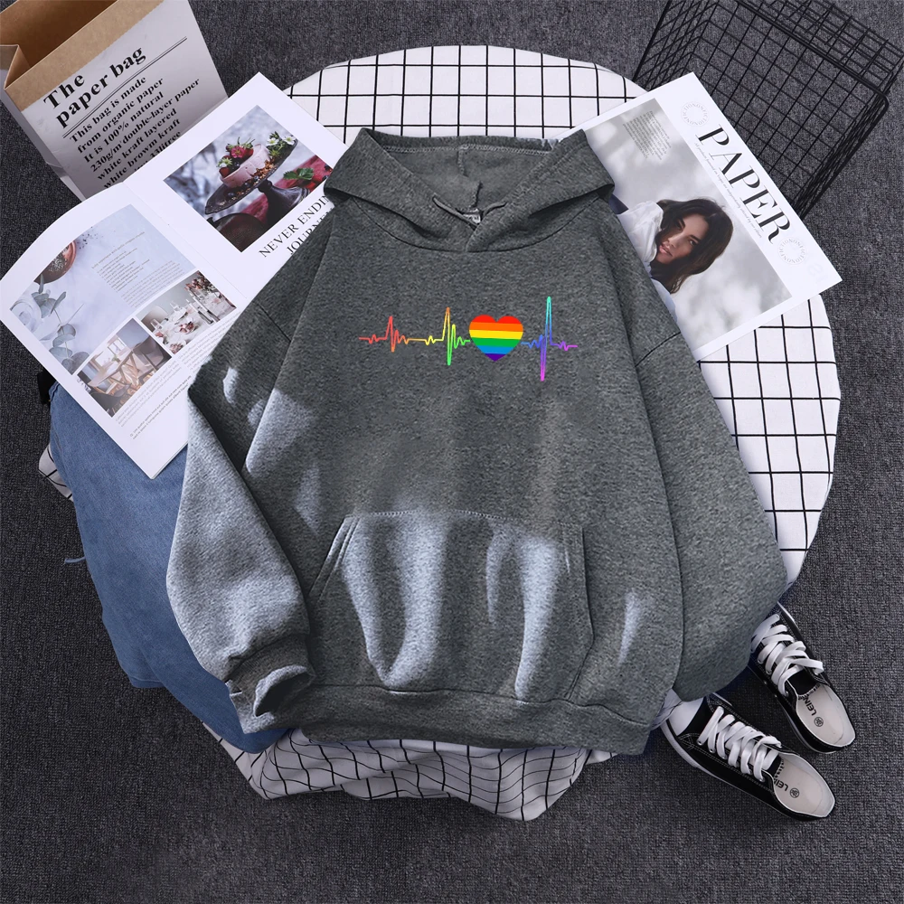 Hoody Beating Heart Rainbow Printed Women's 2023 Hoodie With Hood Long Sleeve Hip Hop Clothes Korean Aesthetic Sweatshirts Women