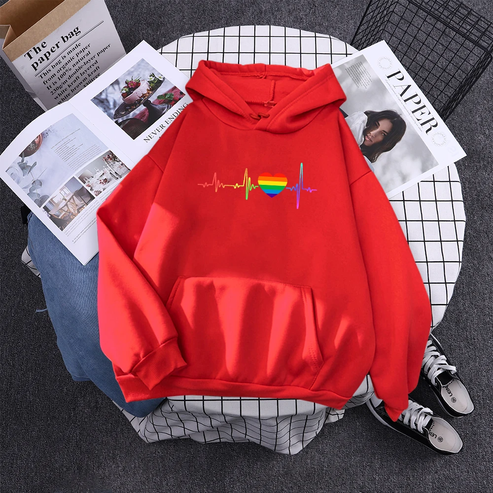 Hoody Beating Heart Rainbow Printed Women's 2023 Hoodie With Hood Long Sleeve Hip Hop Clothes Korean Aesthetic Sweatshirts Women