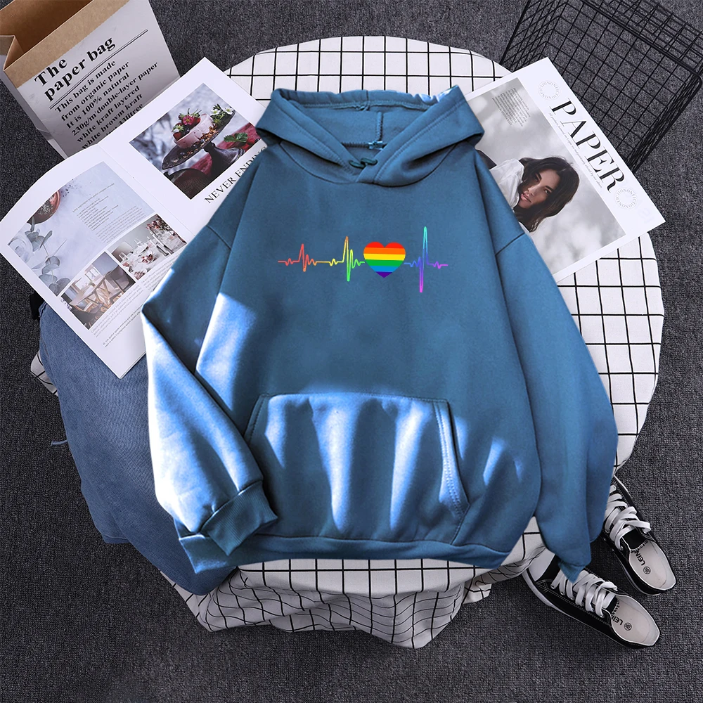 Hoody Beating Heart Rainbow Printed Women's 2023 Hoodie With Hood Long Sleeve Hip Hop Clothes Korean Aesthetic Sweatshirts Women