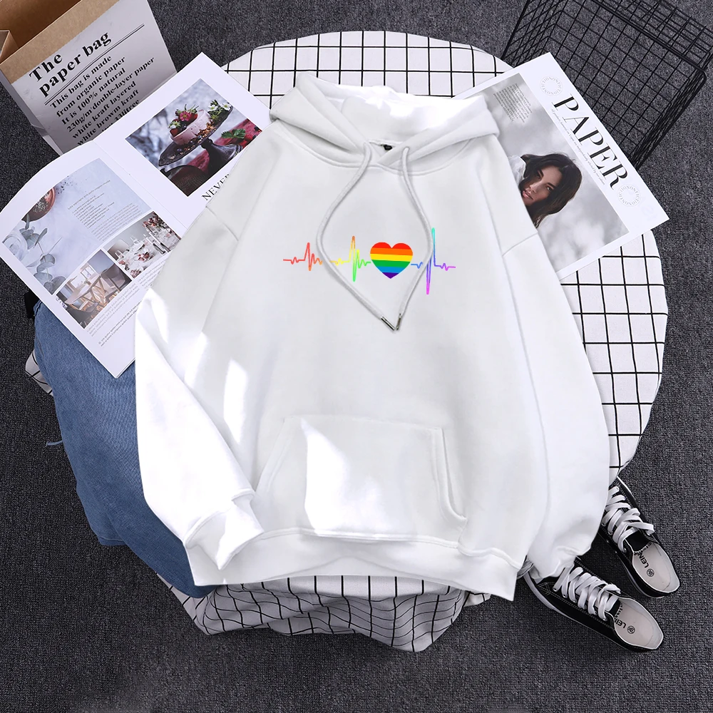 Hoody Beating Heart Rainbow Printed Women's 2023 Hoodie With Hood Long Sleeve Hip Hop Clothes Korean Aesthetic Sweatshirts Women