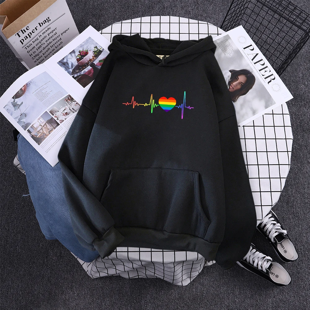 Hoody Beating Heart Rainbow Printed Women's 2023 Hoodie With Hood Long Sleeve Hip Hop Clothes Korean Aesthetic Sweatshirts Women