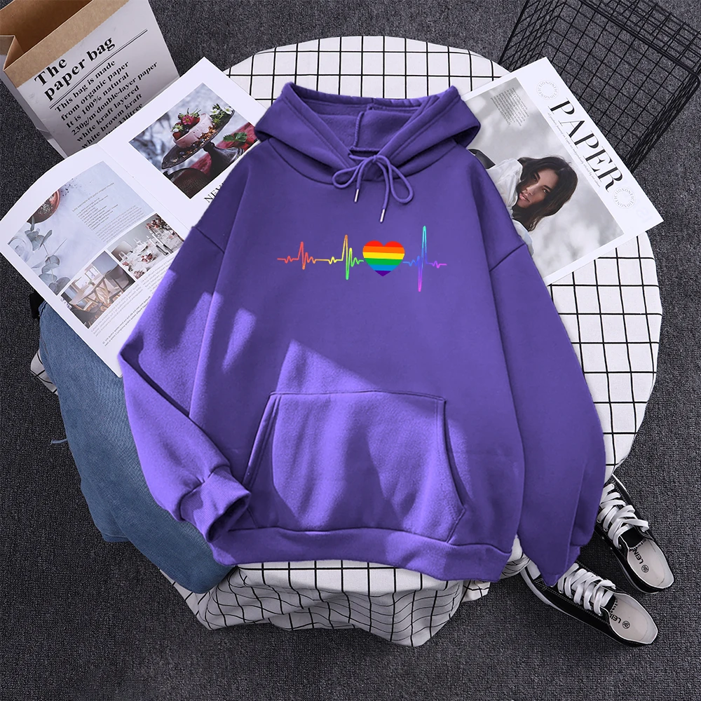 Hoody Beating Heart Rainbow Printed Women's 2023 Hoodie With Hood Long Sleeve Hip Hop Clothes Korean Aesthetic Sweatshirts Women