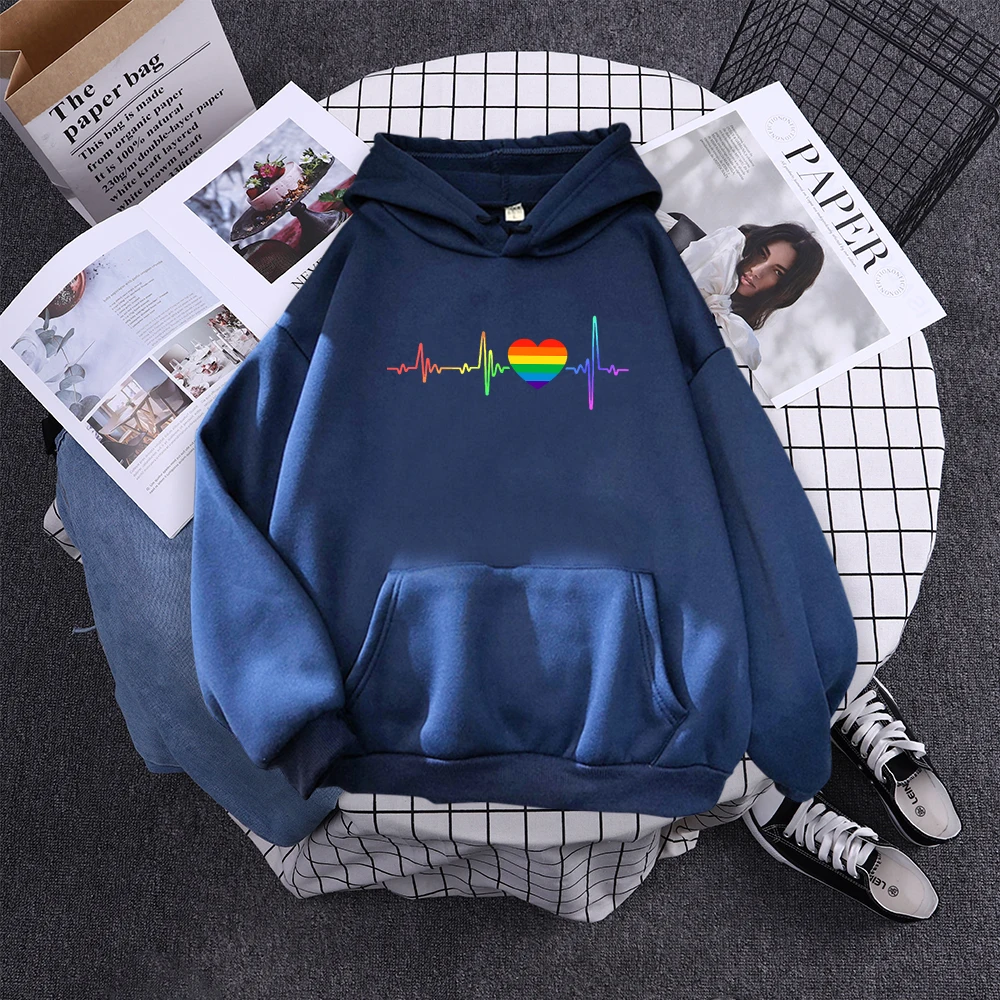 Hoody Beating Heart Rainbow Printed Women's 2023 Hoodie With Hood Long Sleeve Hip Hop Clothes Korean Aesthetic Sweatshirts Women