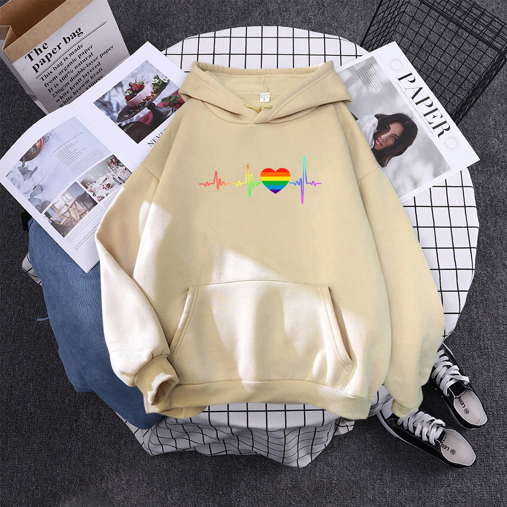 Hoody Beating Heart Rainbow Printed Women's 2023 Hoodie With Hood Long Sleeve Hip Hop Clothes Korean Aesthetic Sweatshirts Women