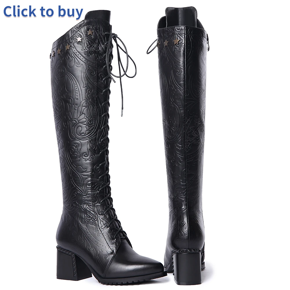 Women Knee High Boots 2026 Luxury Cow Genuine Leather Brown Black High Heels Long Boot Designer Female Winter Shoes Big Size 42