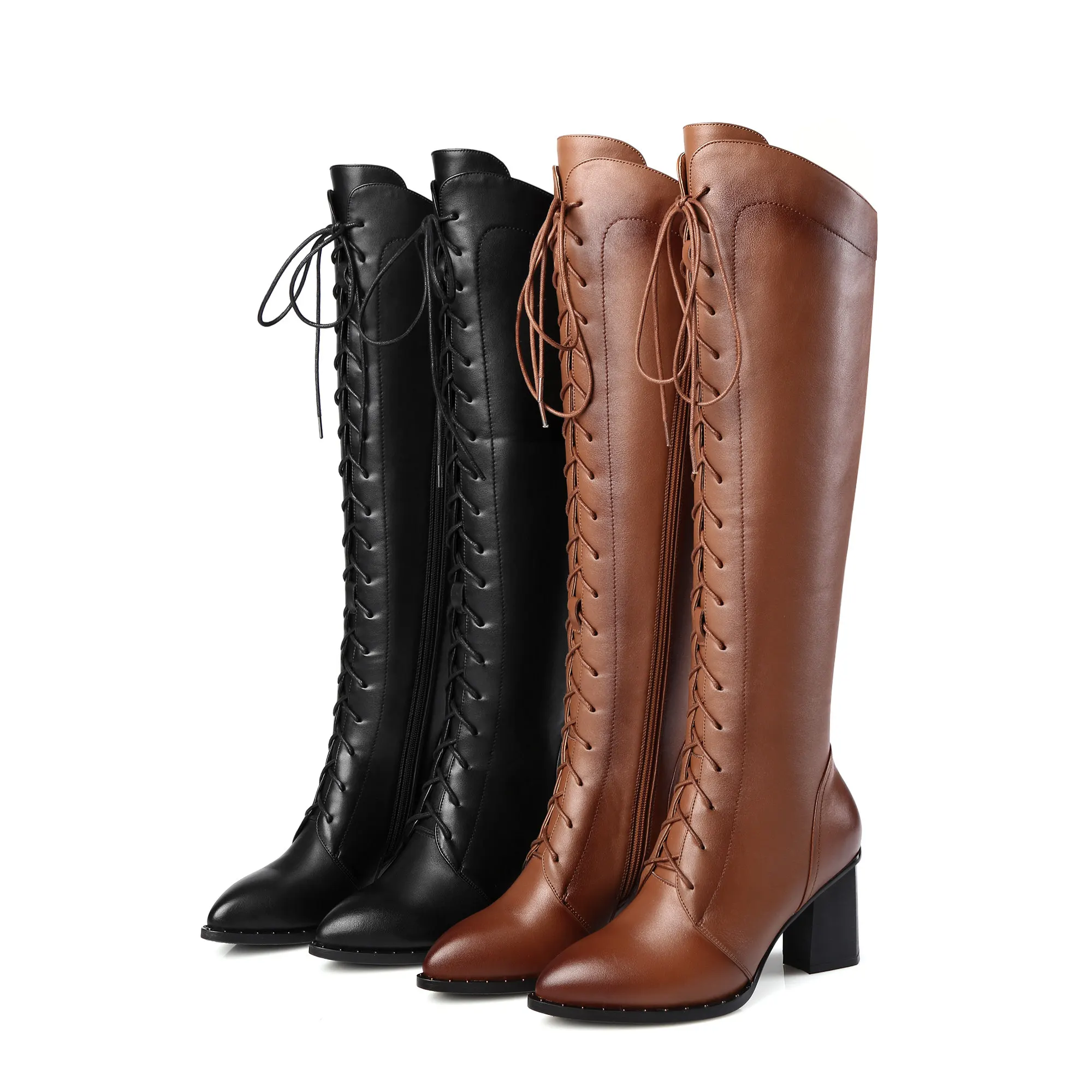 Women Knee High Boots 2026 Luxury Cow Genuine Leather Brown Black High Heels Long Boot Designer Female Winter Shoes Big Size 42