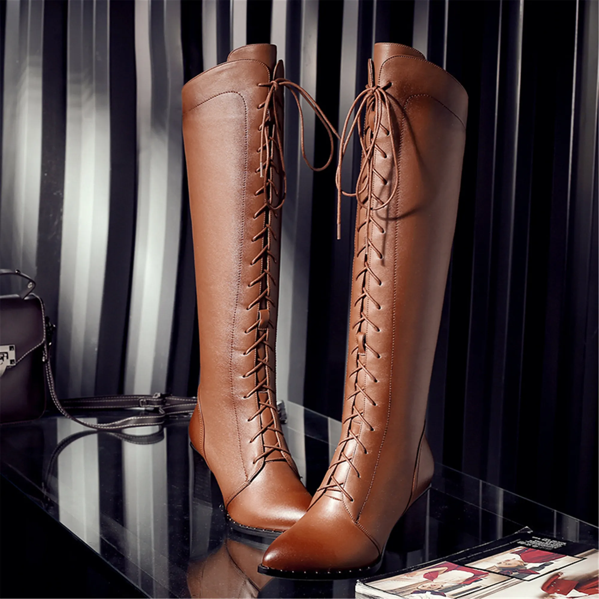 Women Knee High Boots 2026 Luxury Cow Genuine Leather Brown Black High Heels Long Boot Designer Female Winter Shoes Big Size 42