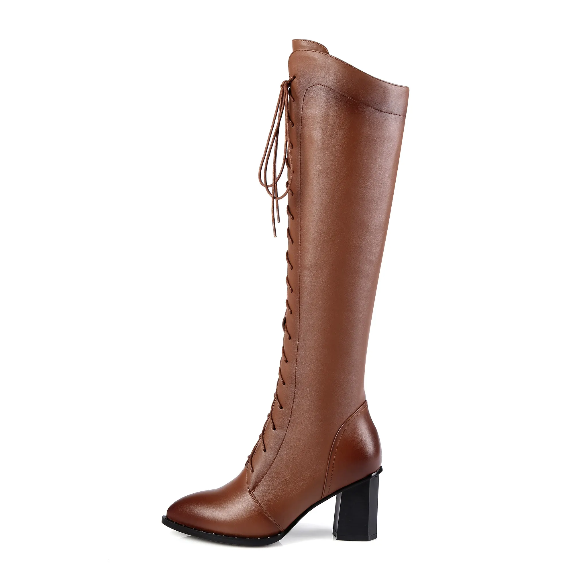 Women Knee High Boots 2026 Luxury Cow Genuine Leather Brown Black High Heels Long Boot Designer Female Winter Shoes Big Size 42