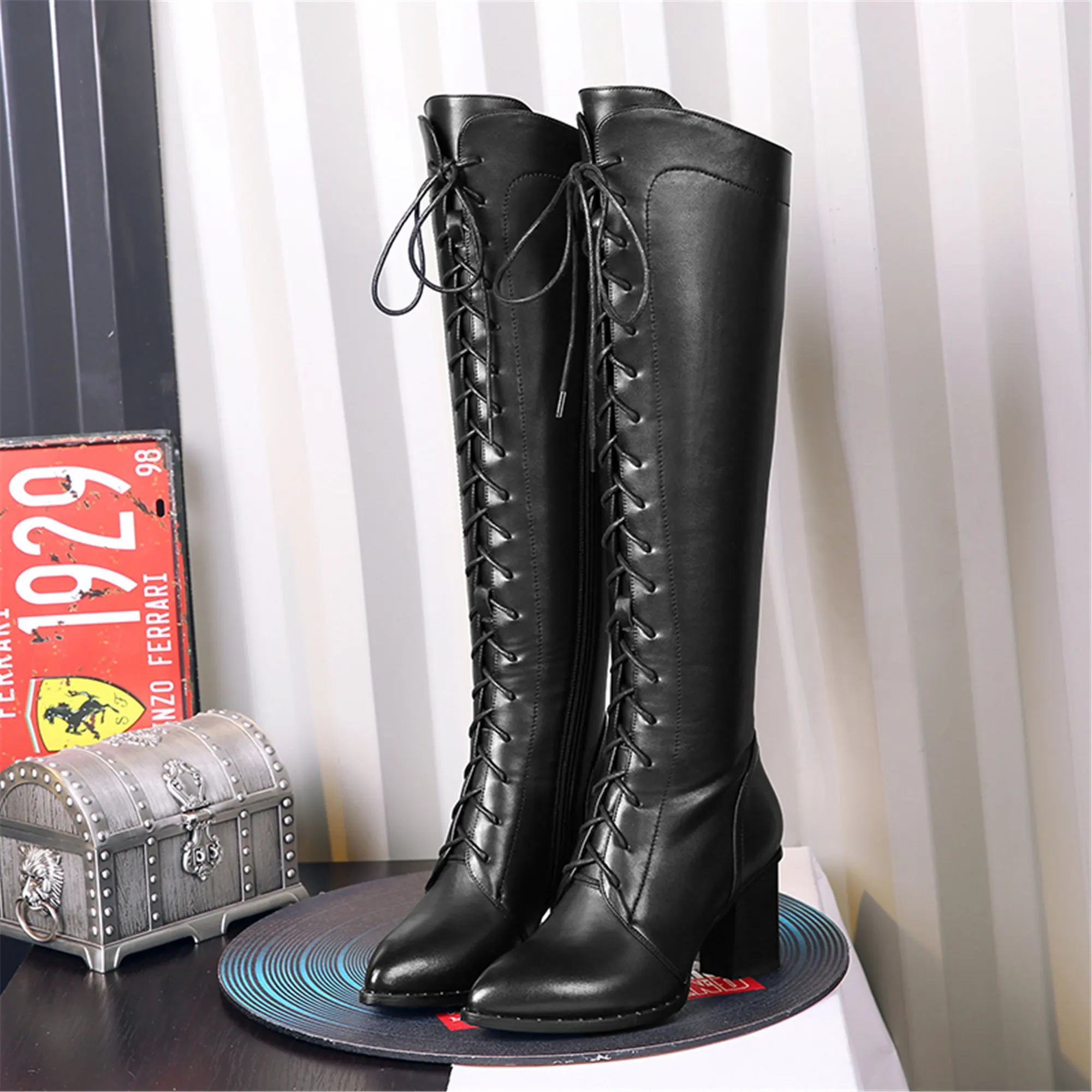 Women Knee High Boots 2026 Luxury Cow Genuine Leather Brown Black High Heels Long Boot Designer Female Winter Shoes Big Size 42